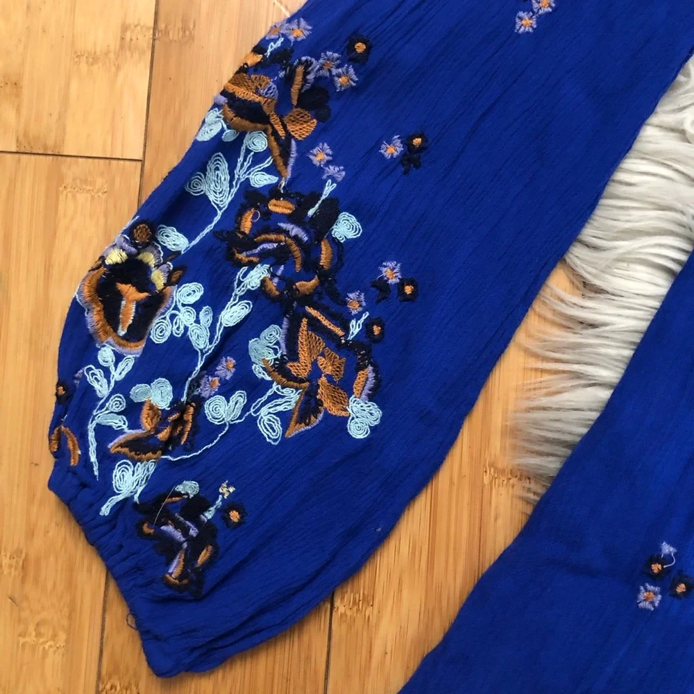 Free People Oxford Babydoll Embroidered Bell Sleeves Cobalt Blue Swing Dress M